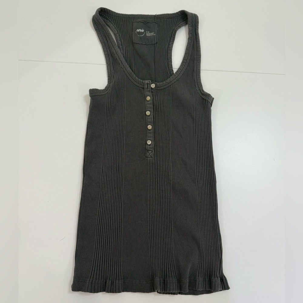 Aerie Dark Gray Ribbed Tank Top with Buttons